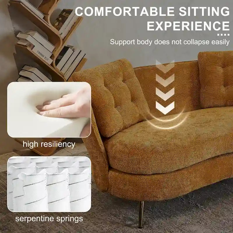 Causeuse en velours capitonnée avec pieds en métal doré, multicolore