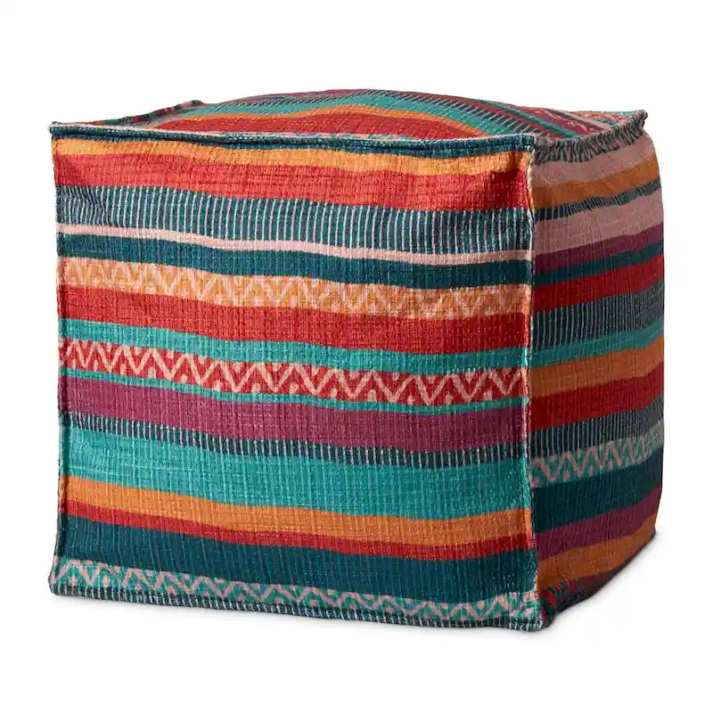 Pouf carré ottoman bohème rayé motif aztèque multicolore