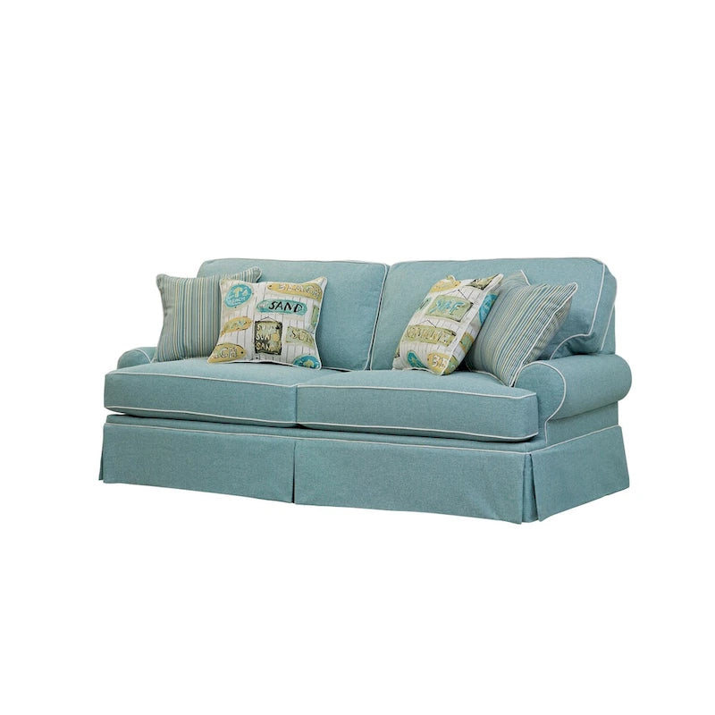 Canapé rond Aqua Blue Coastal avec accoudoirs, jupe sur mesure et oreillers décoratifs