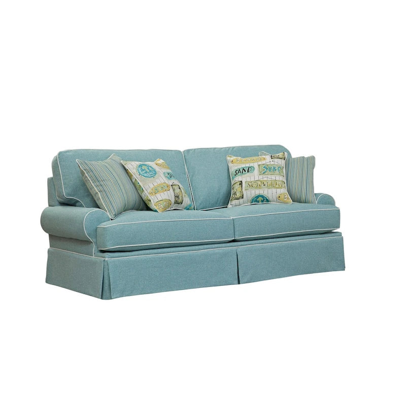 Canapé rond Aqua Blue Coastal avec accoudoirs, jupe sur mesure et oreillers décoratifs