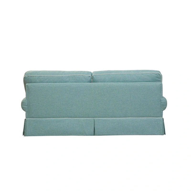 Canapé rond Aqua Blue Coastal avec accoudoirs, jupe sur mesure et oreillers décoratifs