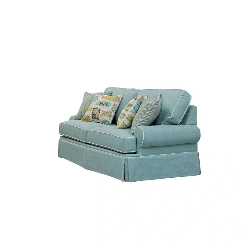 Canapé rond Aqua Blue Coastal avec accoudoirs, jupe sur mesure et oreillers décoratifs