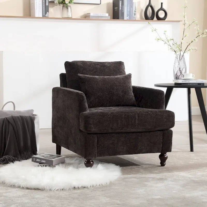 Fauteuil d'appoint en chenille avec cadre en bois et coussin lombaire – Noir, Gris ou Bordeaux