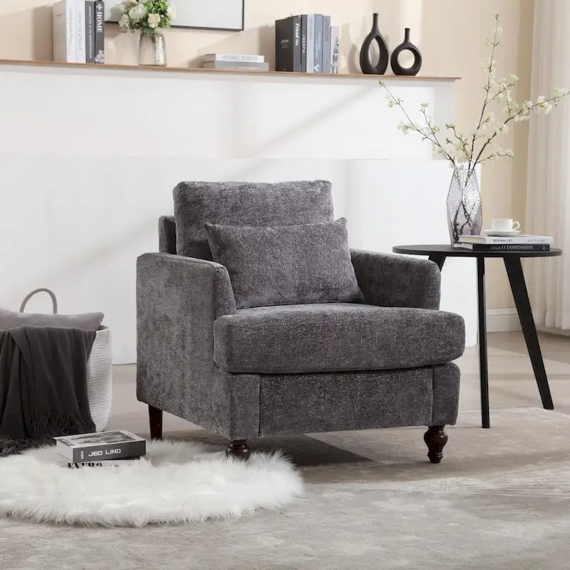 Fauteuil d'appoint en chenille avec cadre en bois et coussin lombaire – Noir, Gris ou Bordeaux