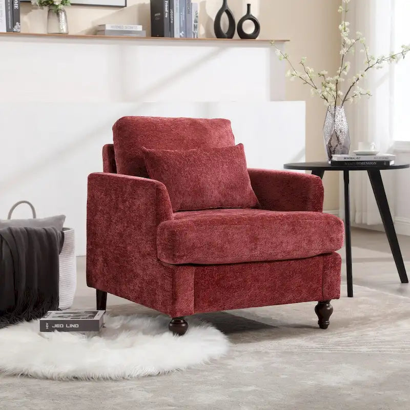 Fauteuil d'appoint en chenille avec cadre en bois et coussin lombaire – Noir, Gris ou Bordeaux