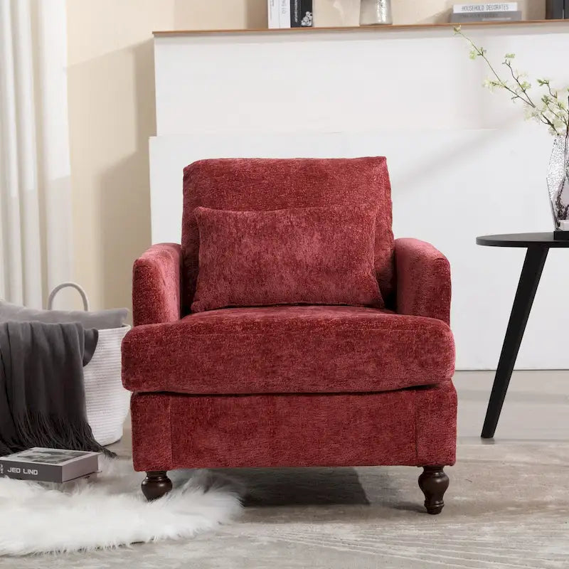 Fauteuil d'appoint en chenille avec cadre en bois et coussin lombaire – Noir, Gris ou Bordeaux
