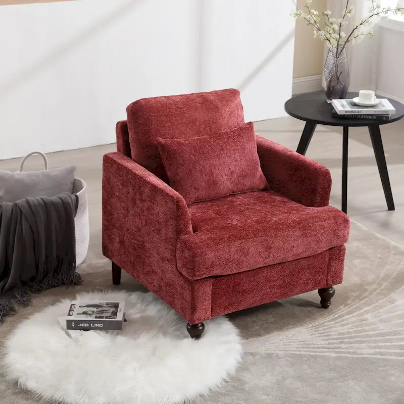 Fauteuil d'appoint en chenille avec cadre en bois et coussin lombaire – Noir, Gris ou Bordeaux