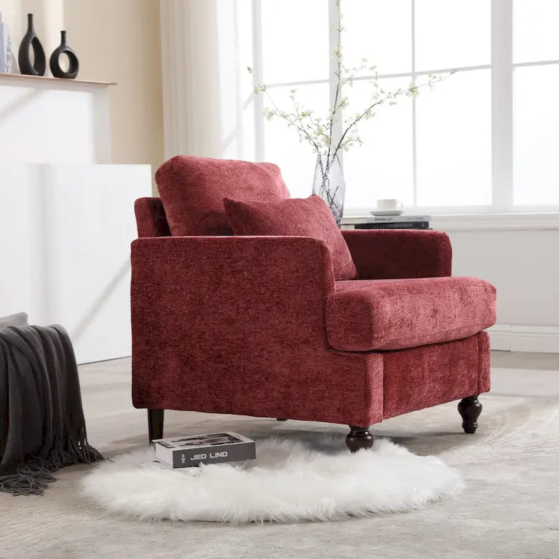 Fauteuil d'appoint en chenille avec cadre en bois et coussin lombaire – Noir, Gris ou Bordeaux