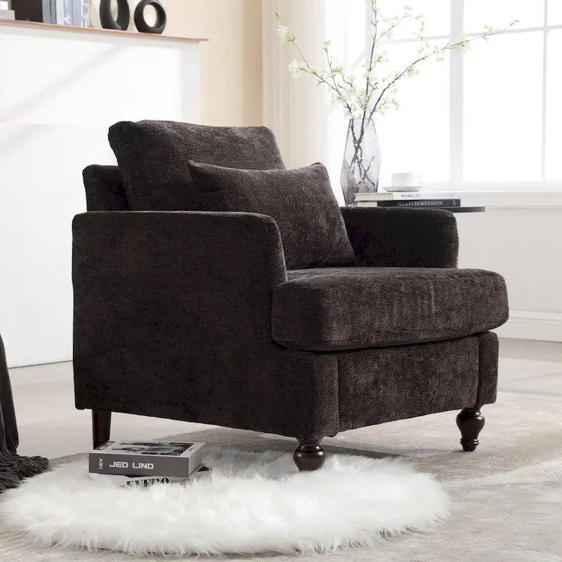 Fauteuil d'appoint en chenille avec cadre en bois et coussin lombaire – Noir, Gris ou Bordeaux