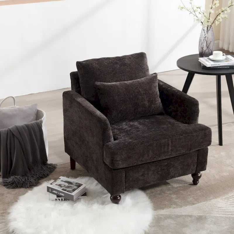 Fauteuil d'appoint en chenille avec cadre en bois et coussin lombaire – Noir, Gris ou Bordeaux
