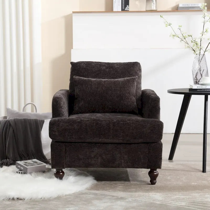 Fauteuil d'appoint en chenille avec cadre en bois et coussin lombaire – Noir, Gris ou Bordeaux