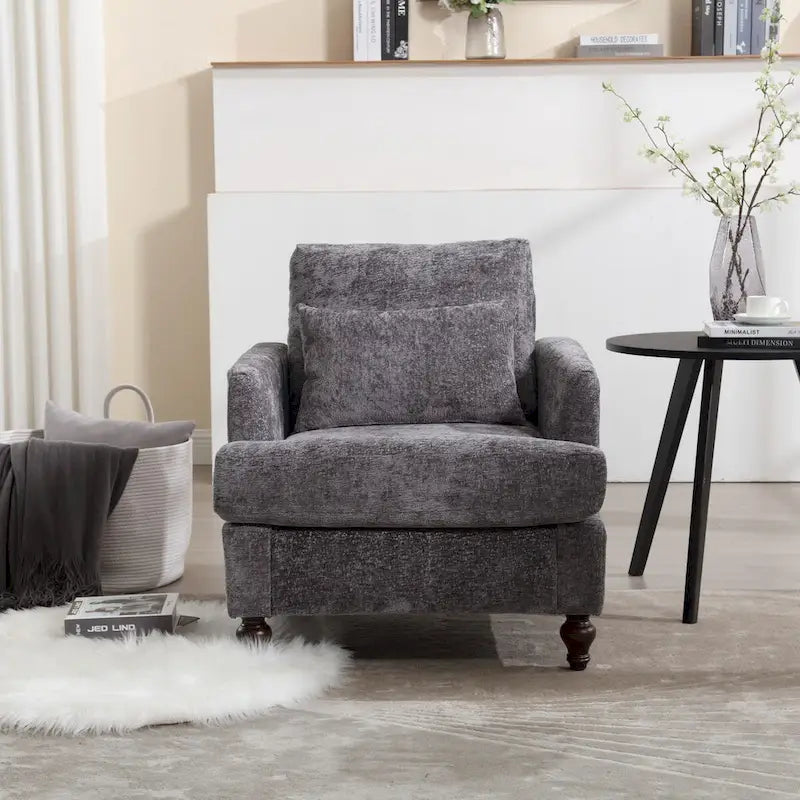 Fauteuil d'appoint en chenille avec cadre en bois et coussin lombaire – Noir, Gris ou Bordeaux