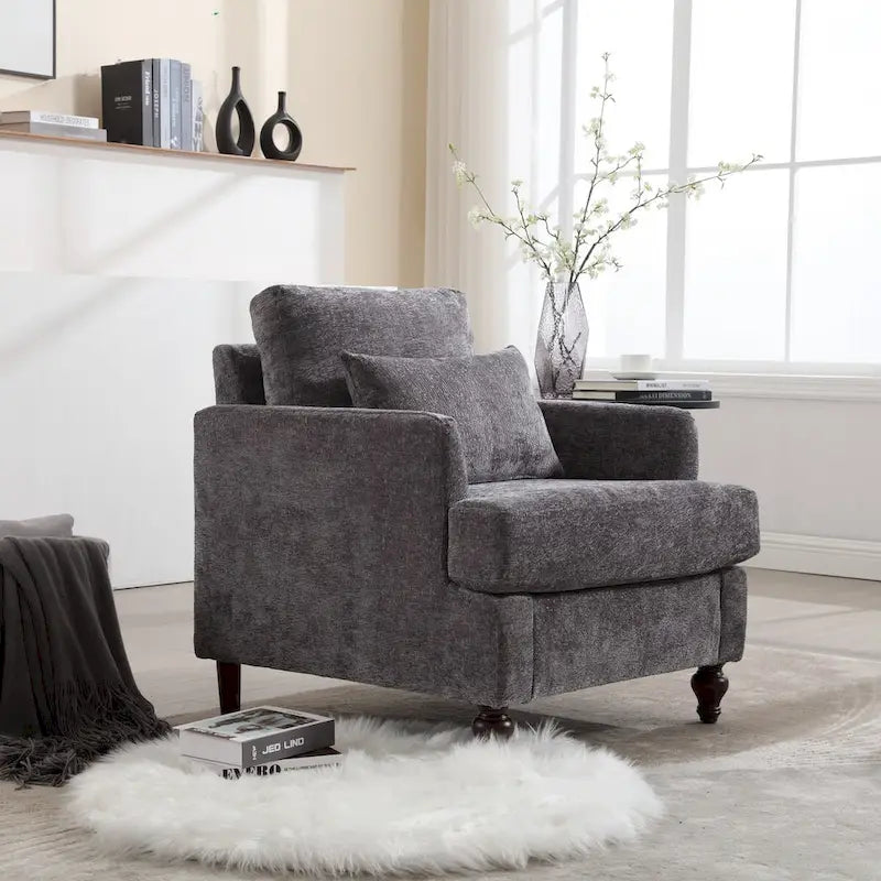 Fauteuil d'appoint en chenille avec cadre en bois et coussin lombaire – Noir, Gris ou Bordeaux