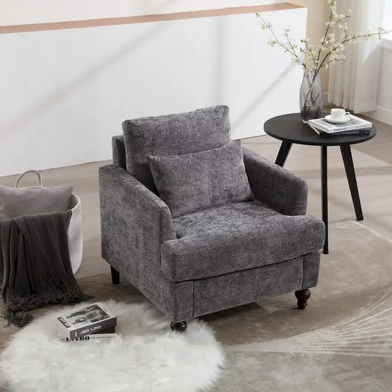 Fauteuil d'appoint en chenille avec cadre en bois et coussin lombaire – Noir, Gris ou Bordeaux