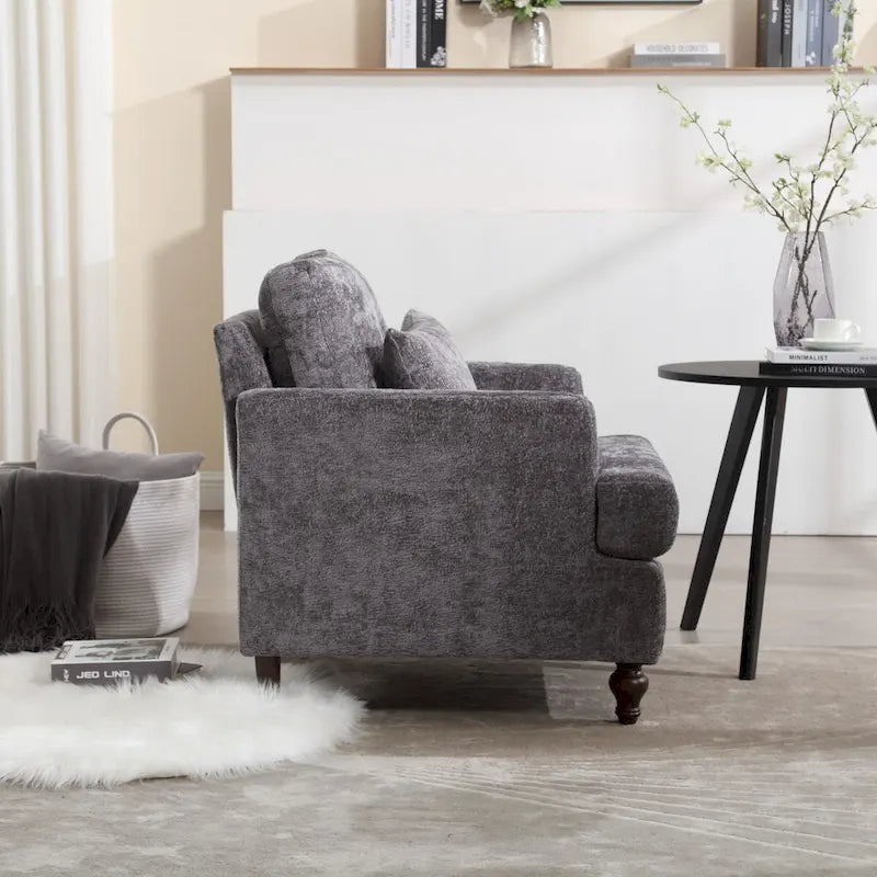 Fauteuil d'appoint en chenille avec cadre en bois et coussin lombaire – Noir, Gris ou Bordeaux