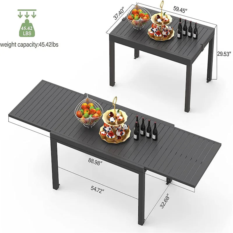 Table de salle à manger d'extérieur extensible en aluminium noir, rectangulaire, pour 4 à 8 personnes