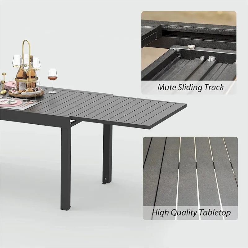 Table de salle à manger d'extérieur extensible en aluminium noir, rectangulaire, pour 4 à 8 personnes
