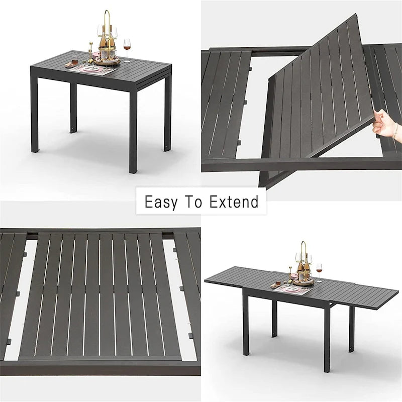 Table de salle à manger d'extérieur extensible en aluminium noir, rectangulaire, pour 4 à 8 personnes