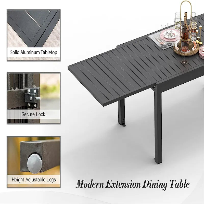 Table de salle à manger d'extérieur extensible en aluminium noir, rectangulaire, pour 4 à 8 personnes