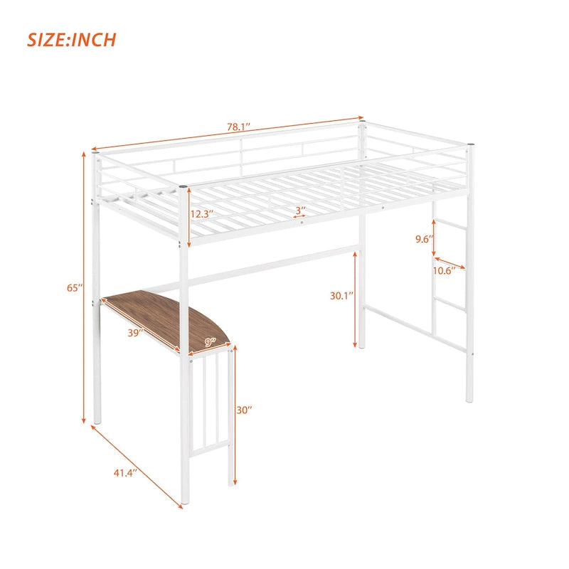 Lit mezzanine double en métal avec bureau intégré, échelle et garde-corps pleine longueur