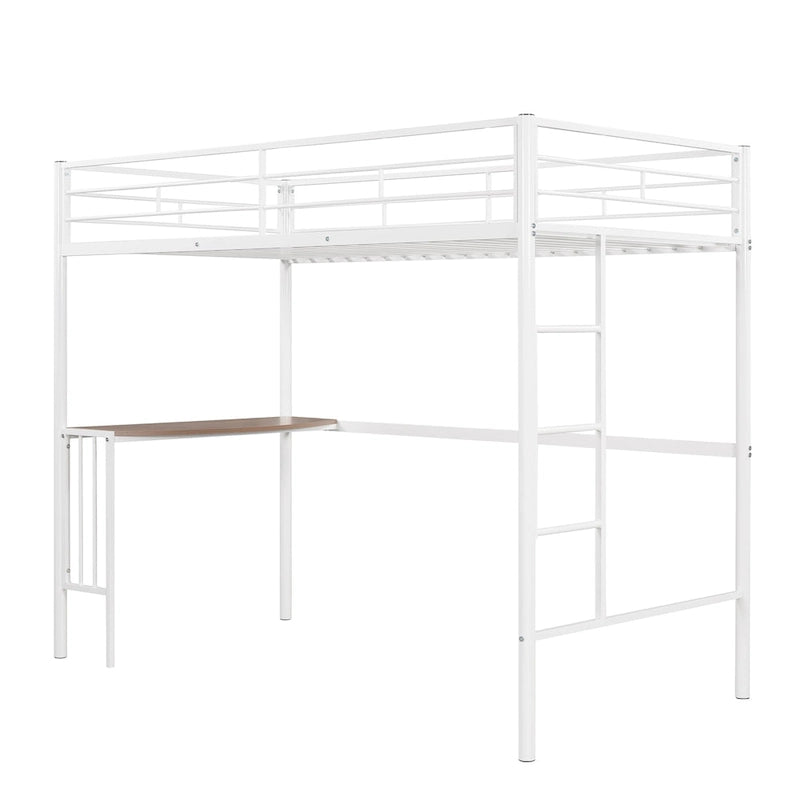 Lit mezzanine double en métal avec bureau intégré, échelle et garde-corps pleine longueur