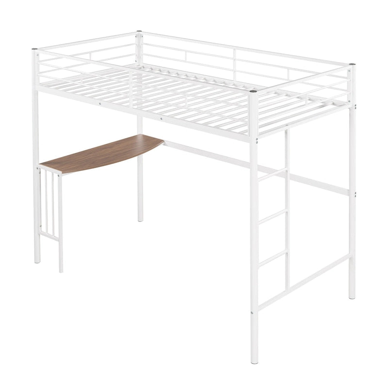 Lit mezzanine double en métal avec bureau intégré, échelle et garde-corps pleine longueur