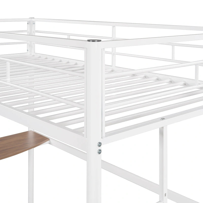 Lit mezzanine double en métal avec bureau intégré, échelle et garde-corps pleine longueur
