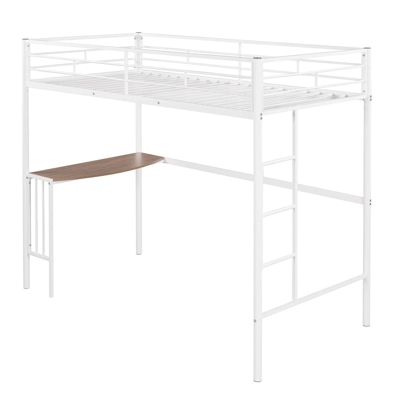 Lit mezzanine double en métal avec bureau intégré, échelle et garde-corps pleine longueur
