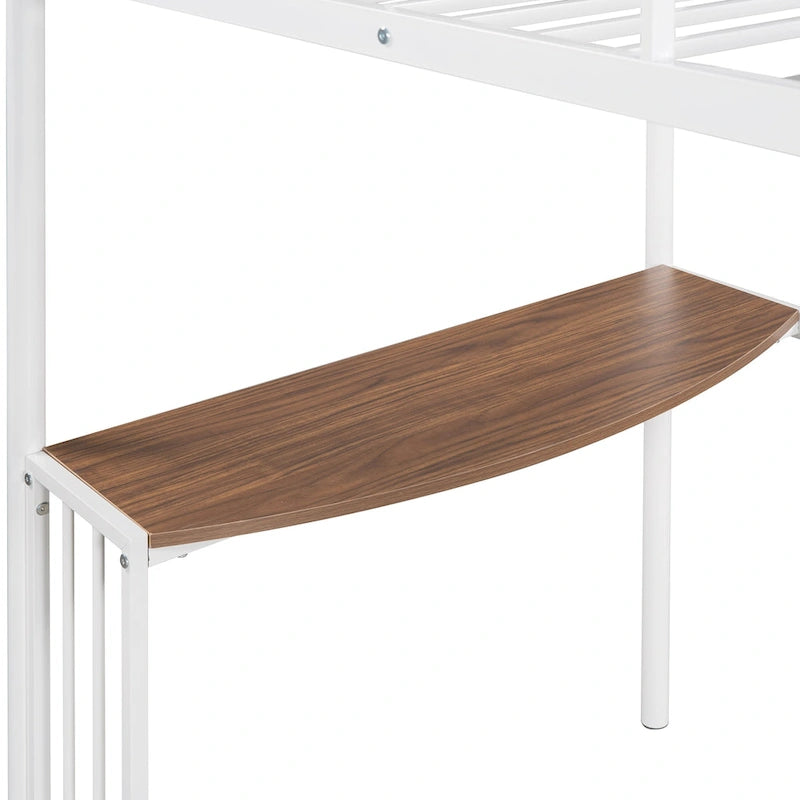 Lit mezzanine double en métal avec bureau intégré, échelle et garde-corps pleine longueur