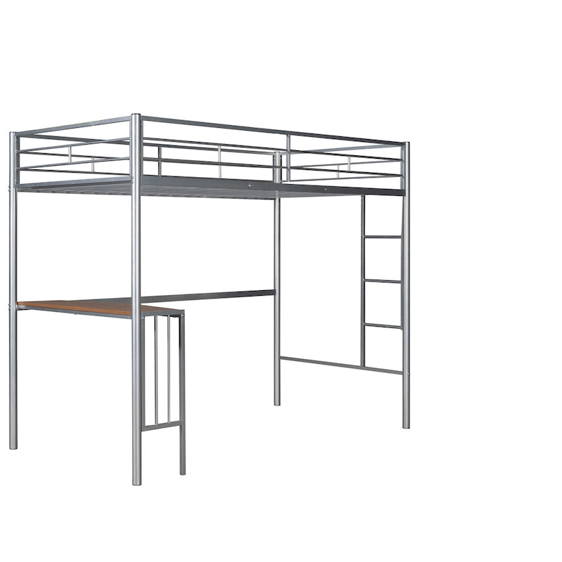 Lit mezzanine double en métal avec bureau intégré, échelle et garde-corps pleine longueur