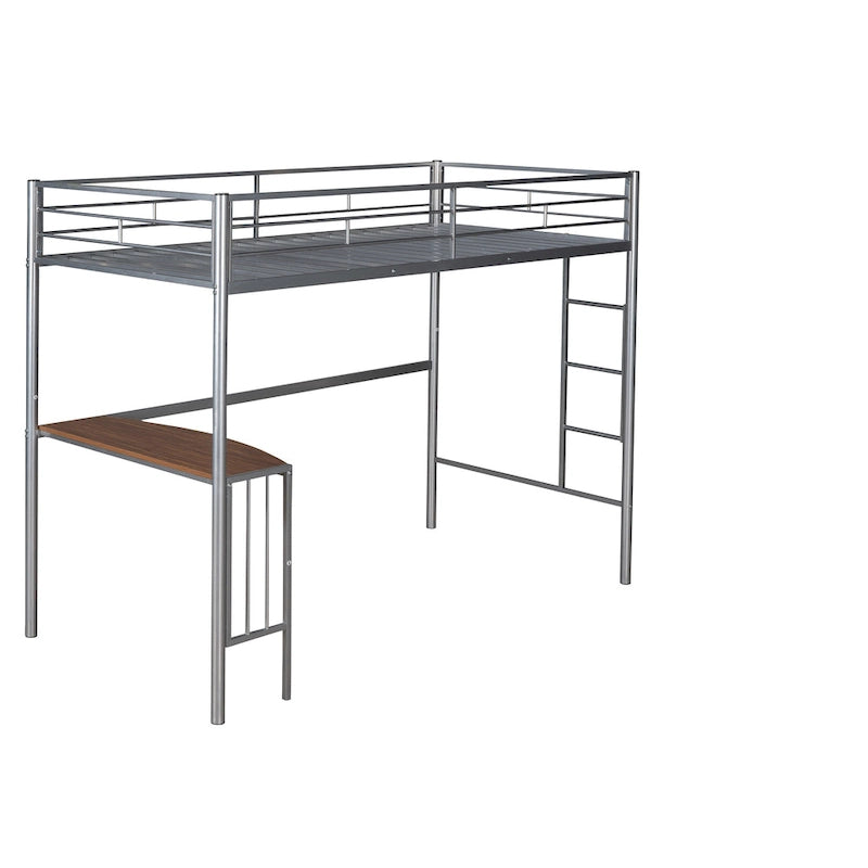 Lit mezzanine double en métal avec bureau intégré, échelle et garde-corps pleine longueur