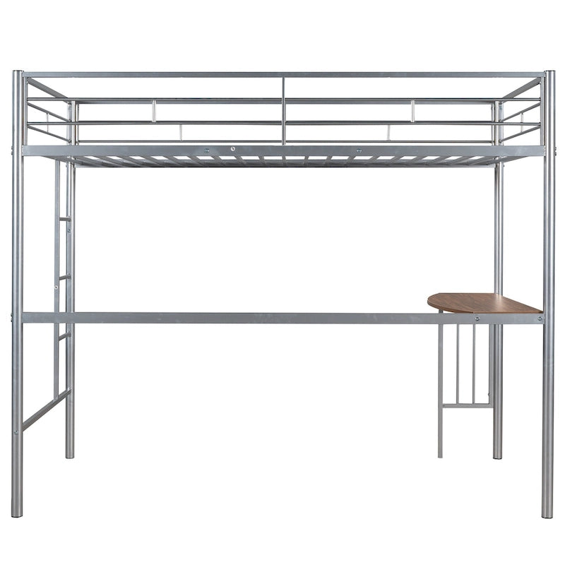 Lit mezzanine double en métal avec bureau intégré, échelle et garde-corps pleine longueur