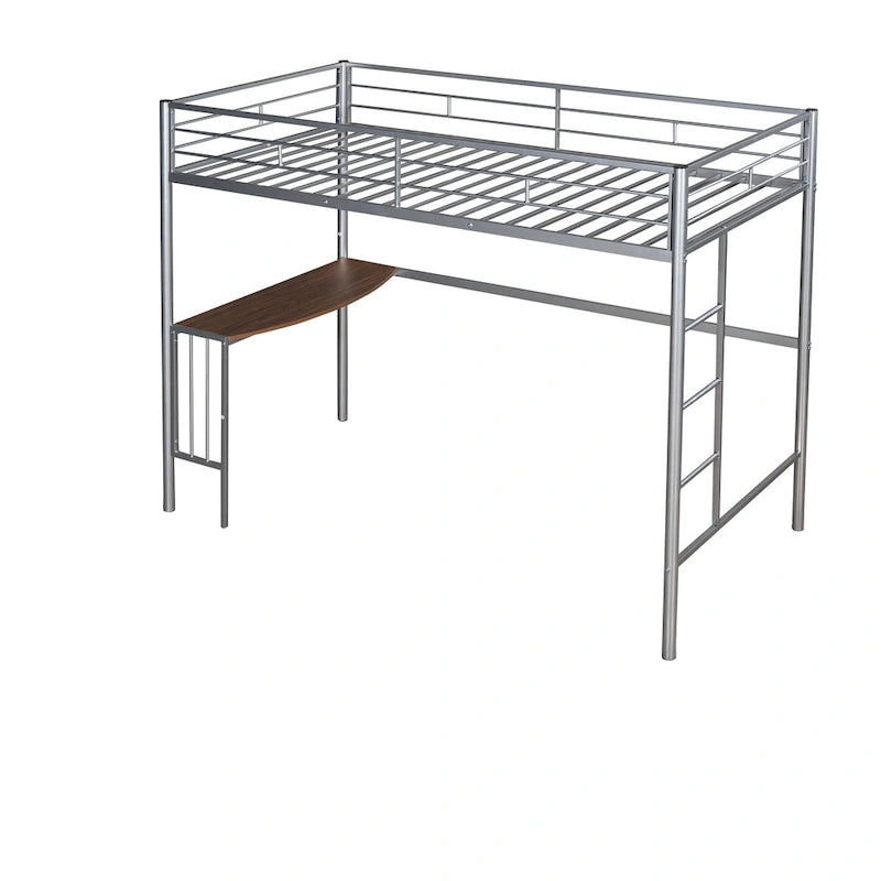 Lit mezzanine double en métal avec bureau intégré, échelle et garde-corps pleine longueur
