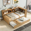 Lit de repos double en bois avec lit gigogne, étagères de rangement intégrées et ports de chargement USB
