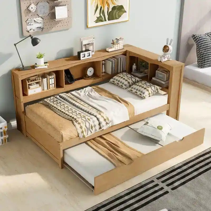 Lit de repos double en bois avec lit gigogne, étagères de rangement intégrées et ports de chargement USB