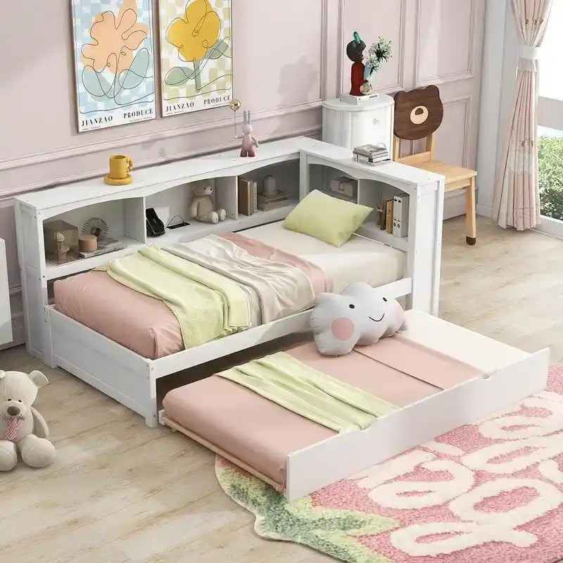 Lit de repos double en bois avec lit gigogne, étagères de rangement intégrées et ports de chargement USB