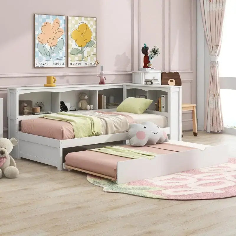 Lit de repos double en bois avec lit gigogne, étagères de rangement intégrées et ports de chargement USB