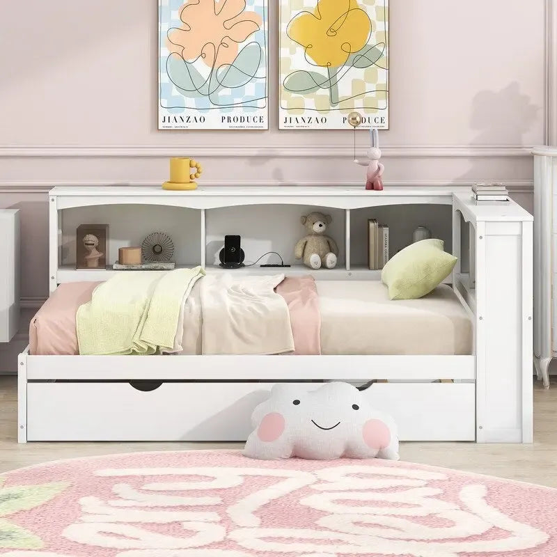 Lit de repos double en bois avec lit gigogne, étagères de rangement intégrées et ports de chargement USB