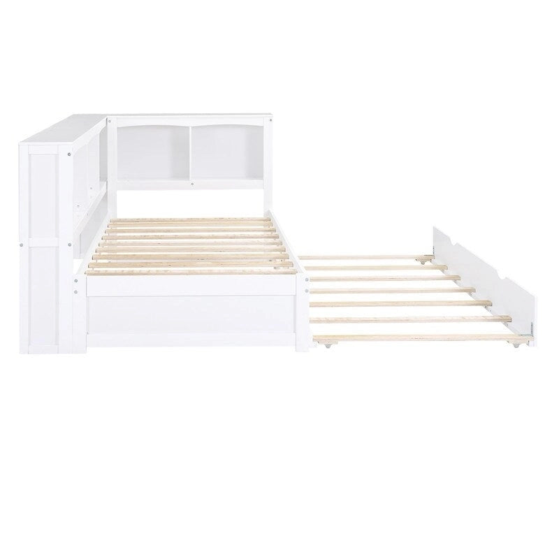 Lit de repos double en bois avec lit gigogne, étagères de rangement intégrées et ports de chargement USB