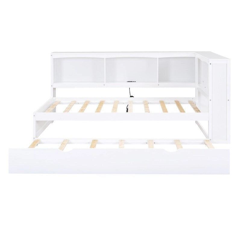 Lit de repos double en bois avec lit gigogne, étagères de rangement intégrées et ports de chargement USB