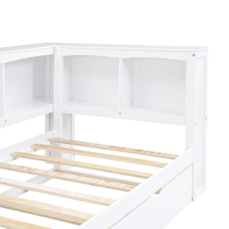 Lit de repos double en bois avec lit gigogne, étagères de rangement intégrées et ports de chargement USB