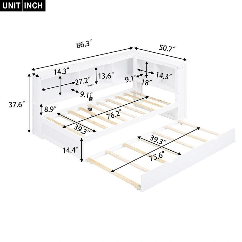 Lit de repos double en bois avec lit gigogne, étagères de rangement intégrées et ports de chargement USB