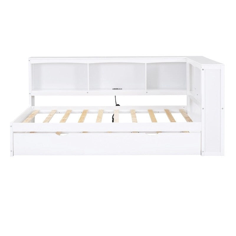 Lit de repos double en bois avec lit gigogne, étagères de rangement intégrées et ports de chargement USB