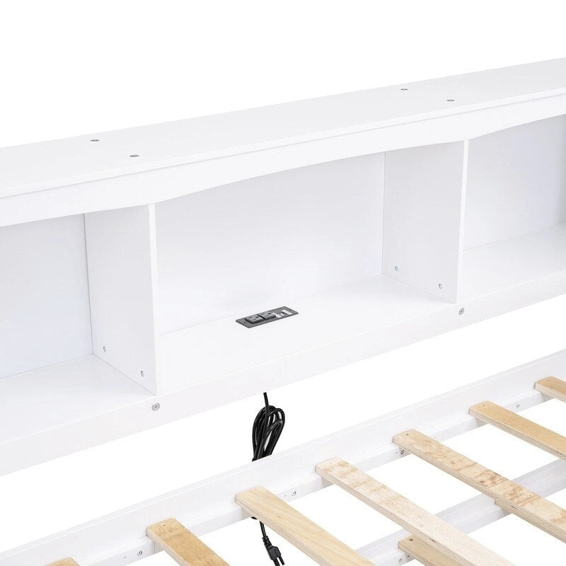 Lit de repos double en bois avec lit gigogne, étagères de rangement intégrées et ports de chargement USB