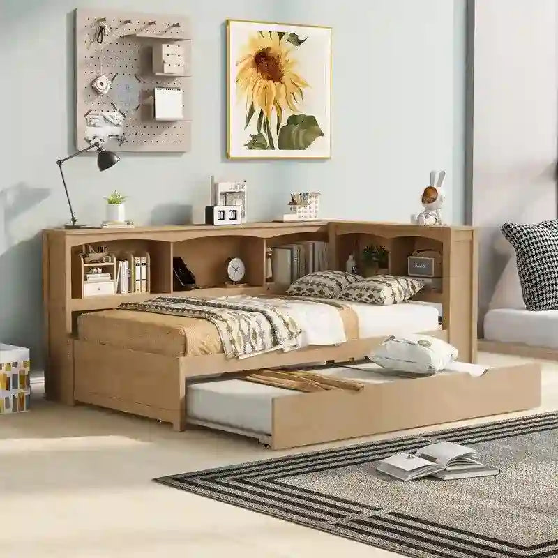 Lit de repos double en bois avec lit gigogne, étagères de rangement intégrées et ports de chargement USB