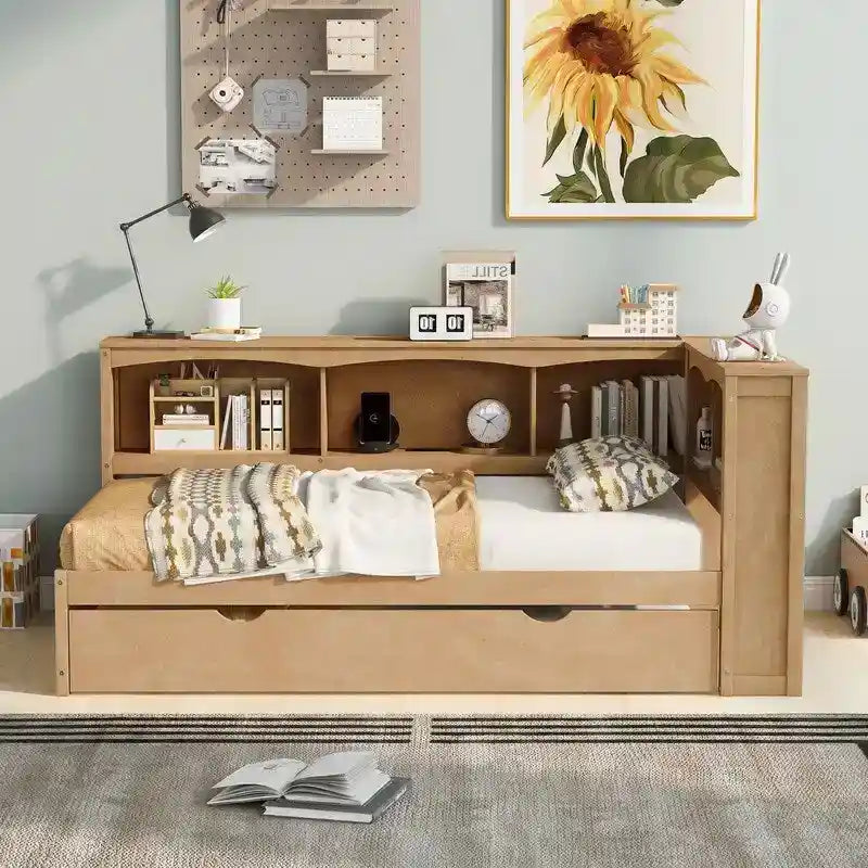 Lit de repos double en bois avec lit gigogne, étagères de rangement intégrées et ports de chargement USB