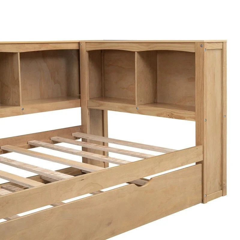Lit de repos double en bois avec lit gigogne, étagères de rangement intégrées et ports de chargement USB