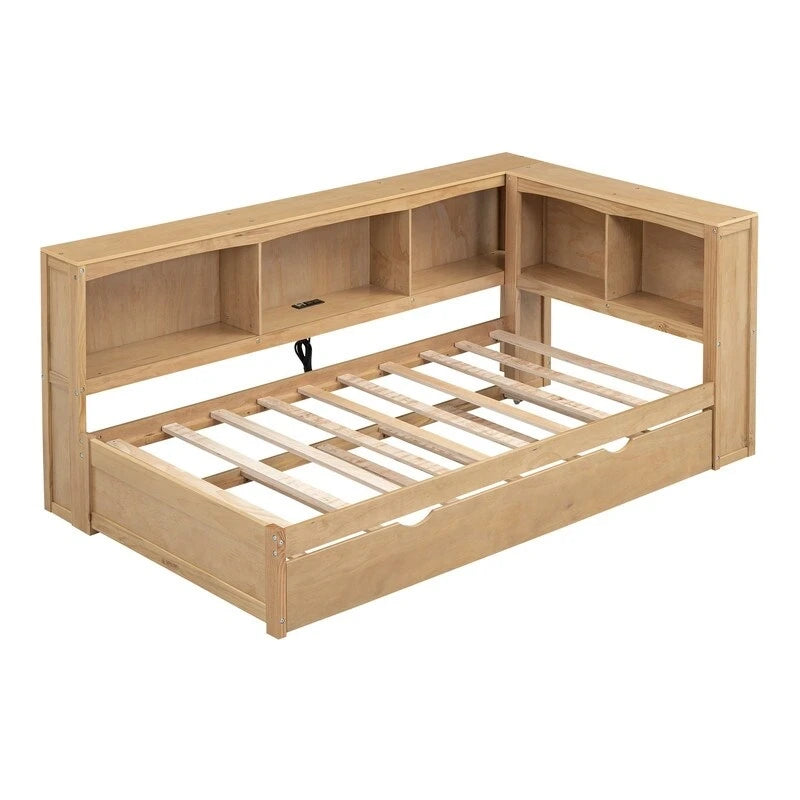 Lit de repos double en bois avec lit gigogne, étagères de rangement intégrées et ports de chargement USB