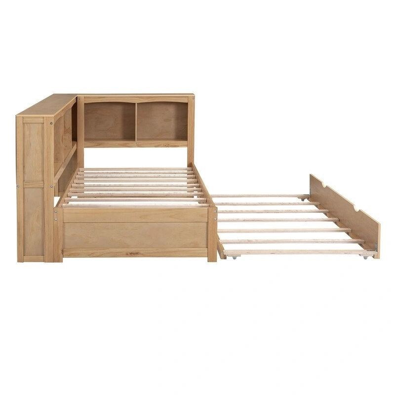 Lit de repos double en bois avec lit gigogne, étagères de rangement intégrées et ports de chargement USB