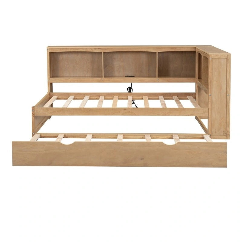 Lit de repos double en bois avec lit gigogne, étagères de rangement intégrées et ports de chargement USB